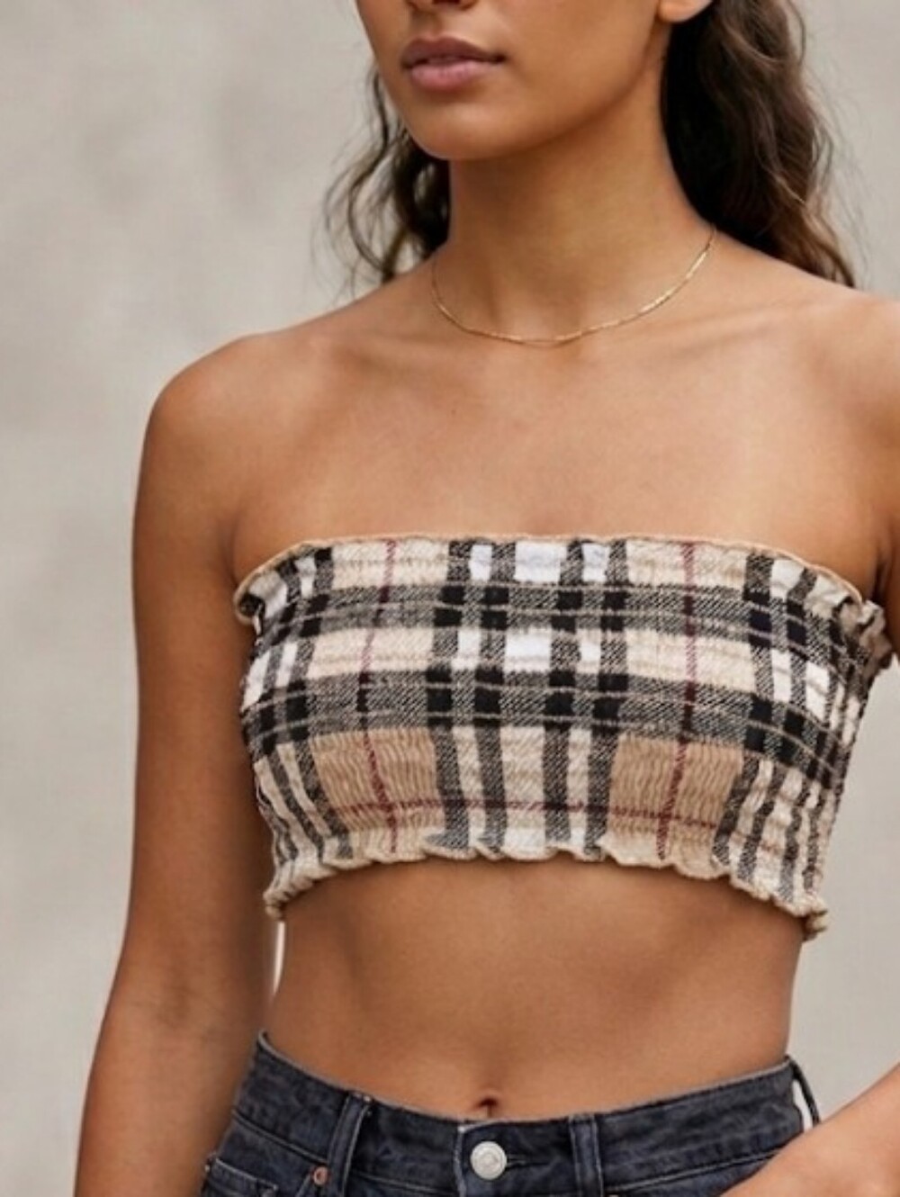 Lovely Day Plaid Tube Top in Beige, Black and White
